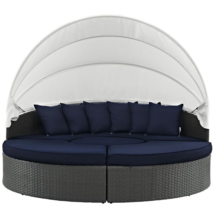 Sojourn Outdoor Patio Furniture Collection - Sectional Sofa Daybed with Retractable Canopy, Sunbrella Fabric Cushions, Synthetic Rattan Weave, UV Protection, Aluminum Frame - Perfect for Patio, Backyard, Poolside. Includes Bed, Coffee Table, Ottomans.