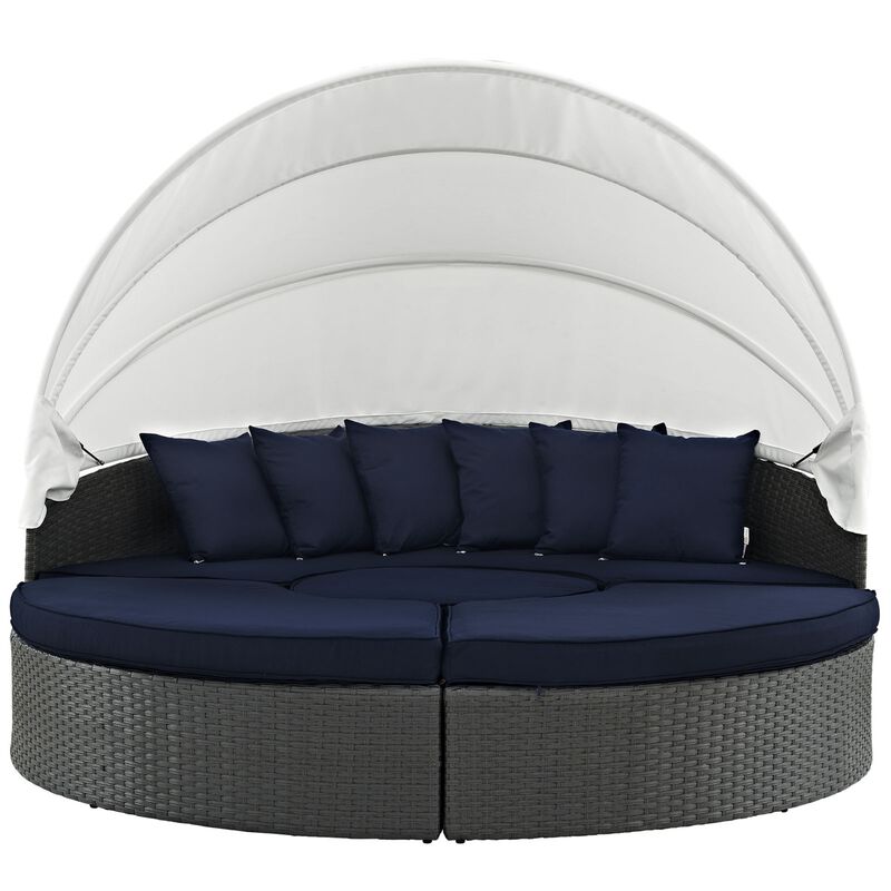 Sojourn Outdoor Patio Furniture Collection - Sectional Sofa Daybed with Retractable Canopy, Sunbrella Fabric Cushions, Synthetic Rattan Weave, UV Protection, Aluminum Frame - Perfect for Patio, Backyard, Poolside. Includes Bed, Coffee Table, Ottomans.
