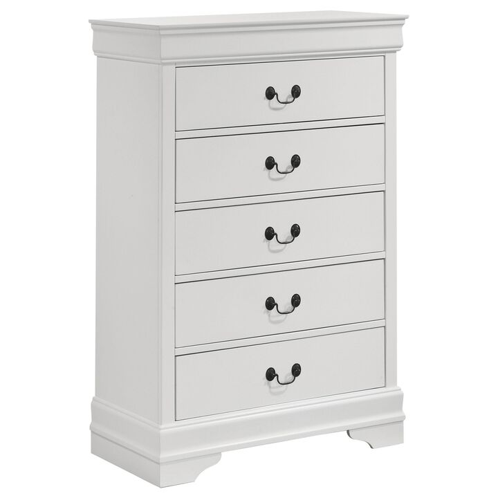 Nim Tall Dresser Chest, 5 Storage Drawers, Classic White Molded Trim - Benzara