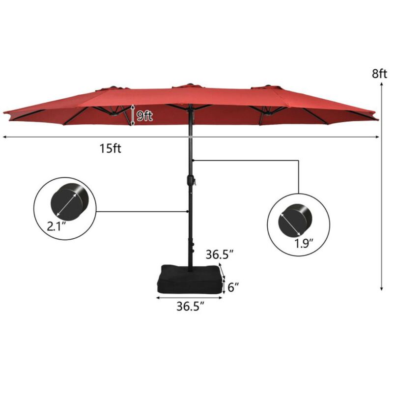 Hivvago 15 Feet Double-Sided Twin Patio Umbrella with Crank and Base