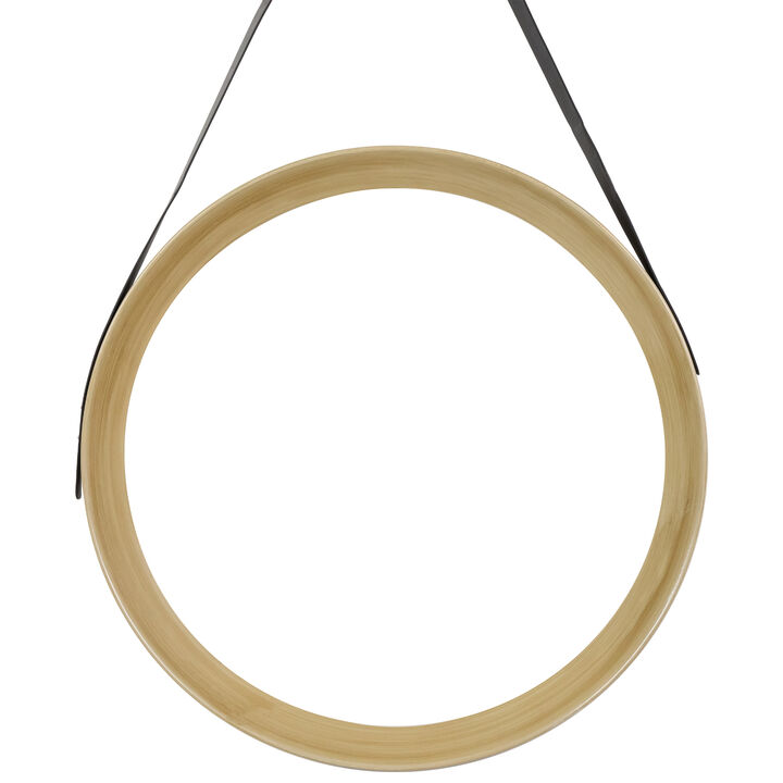 20" Wooden Finish Round Wall Mirror with Black Hanging Strap