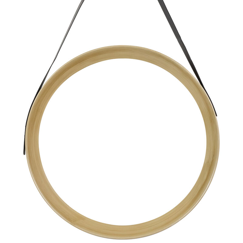 20" Wooden Finish Round Wall Mirror with Black Hanging Strap