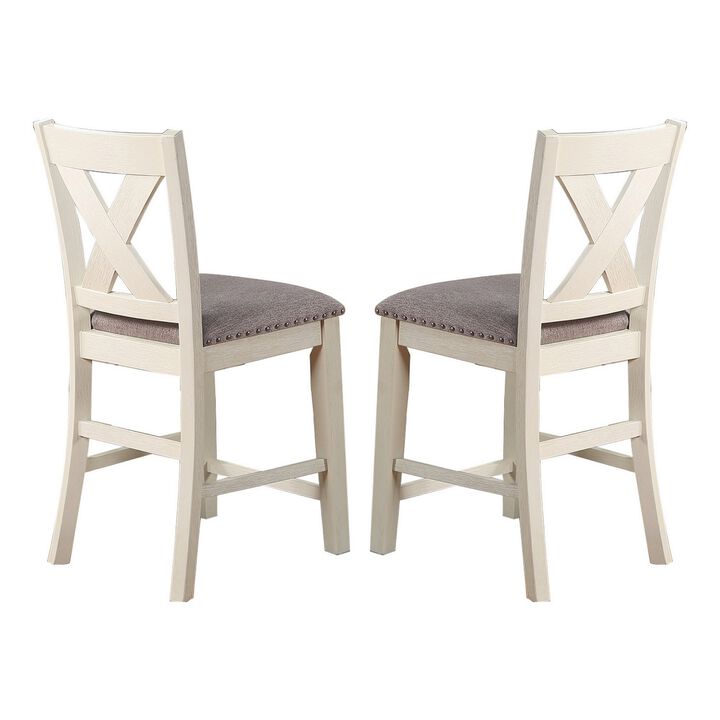 Joss 40 Inch Cottage Wood Counter Height Chair, Set of 2, Gray Seat, Cream-Benzara