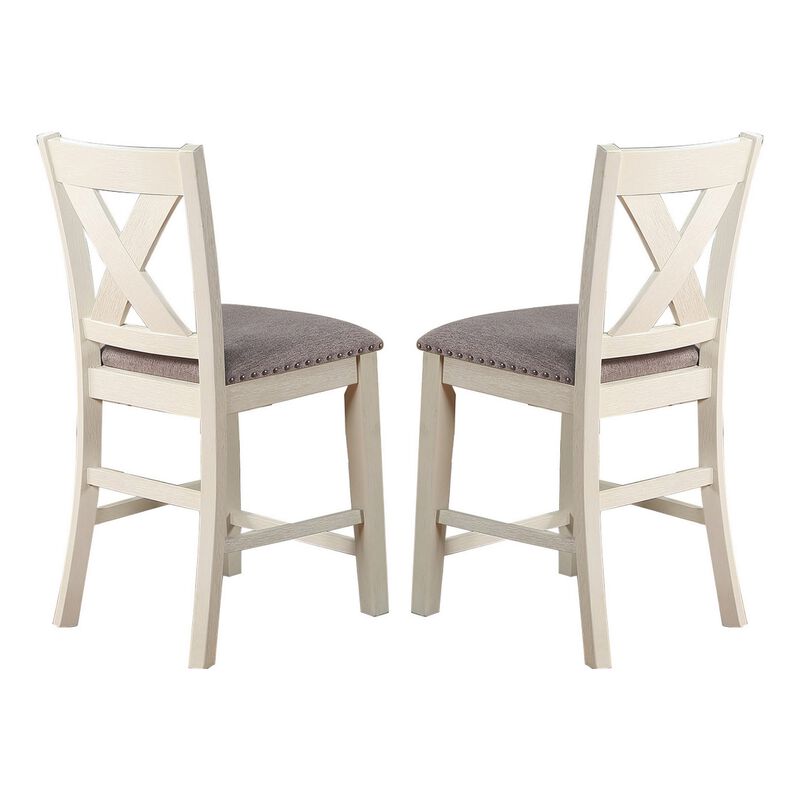 Joss 40 Inch Cottage Wood Counter Height Chair, Set of 2, Gray Seat, Cream-Benzara