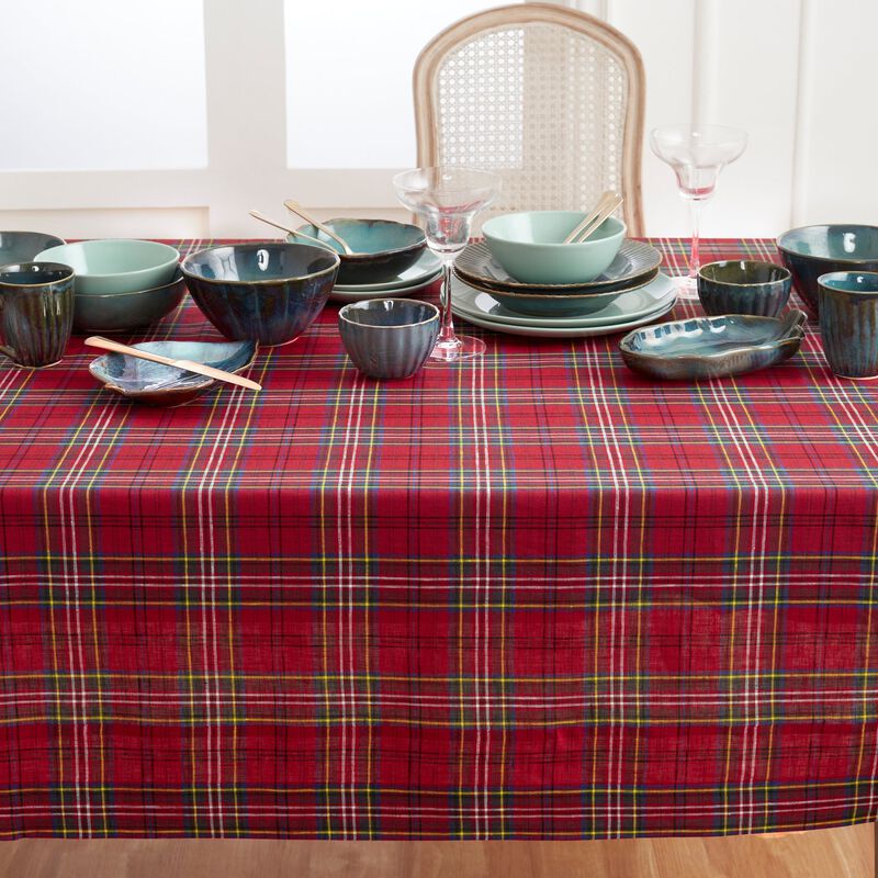 Solino Home 100% Pure Linen Red Tablecloth | Classic Tartan Plaid