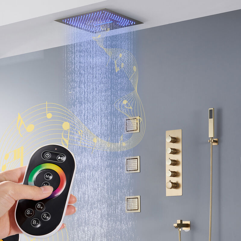 Mondawe 64 Colors LED Light and Music 4 Functions 5 Sprays Flush Ceiling Mounted Thermostatic Shower System with 3 Body Jets and Rough-in Valve in Brushed Gold