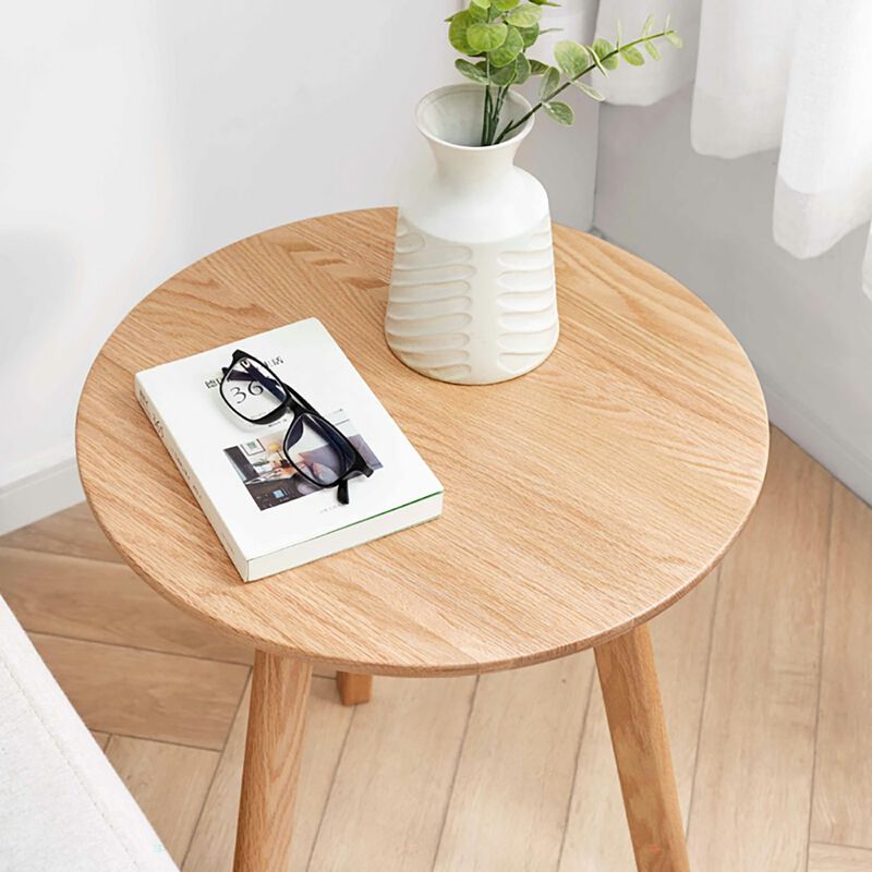 Small Oak Wood Round End Table for Living Room & Bedroom