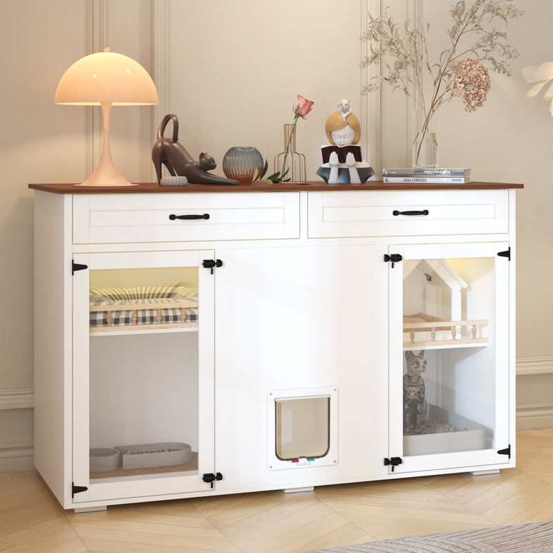 FUFU&GAGA White Cat Cabinet with Metal Lock, Cat Hole, Metal Hinges, Cable Management, Raised Feet & Metal Slide, (63" x 23.6" x 39.4"),White