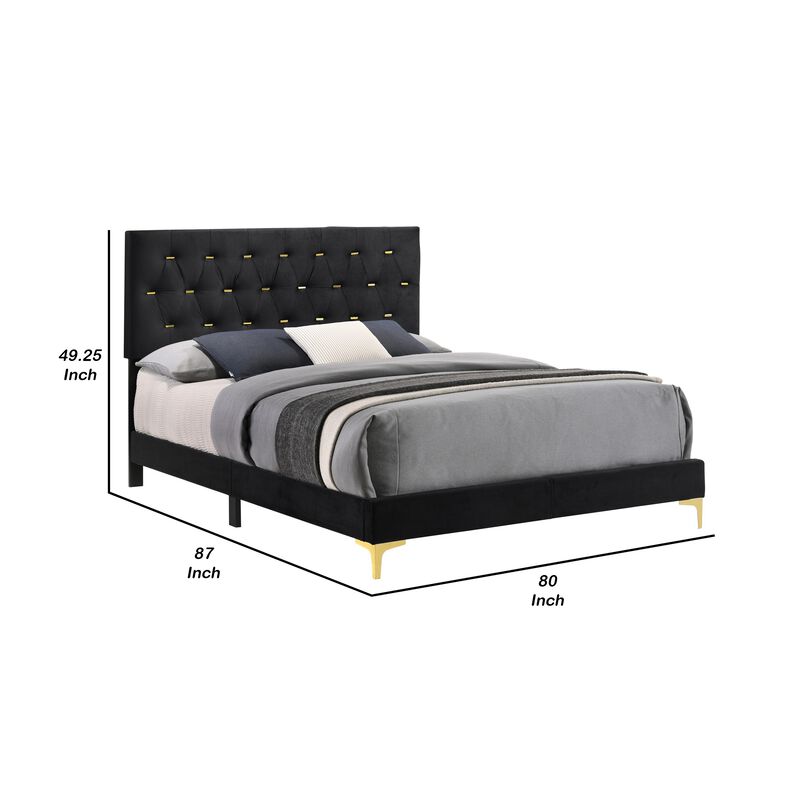 Lif Platform King Size Bed, Panel Tufted Headboard, Gold, Black Velvet-Benzara