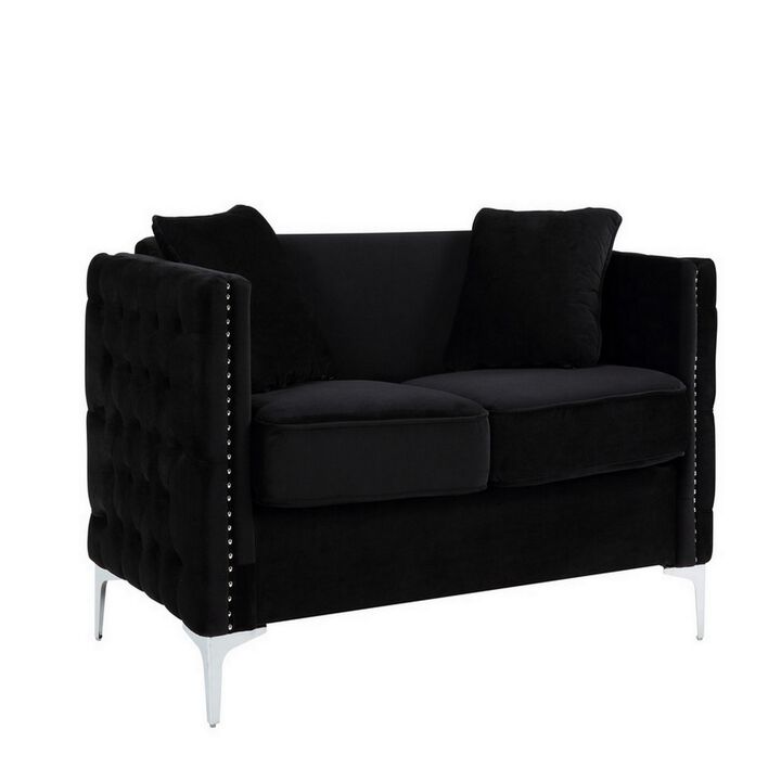 Zion 53 Inch Accent Loveseat, Handmade Nailhead Trim, Tufted, Black Velvet-Benzara