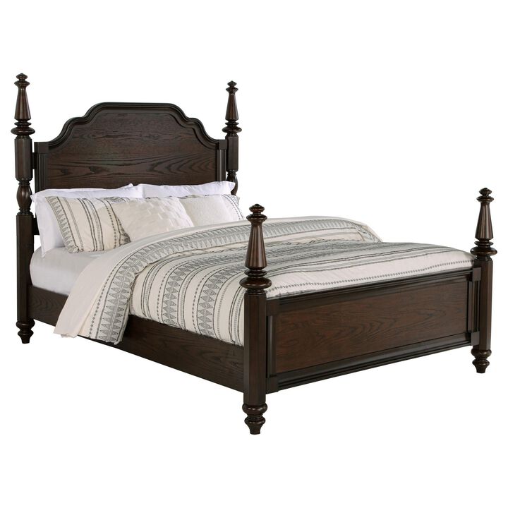 Meon Queen Poster Bed, Carved Headboard, Dark Oak Brown Wood - Benzara