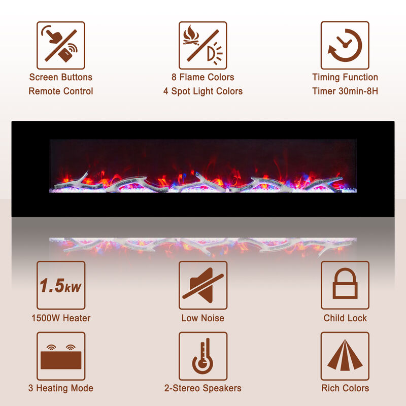 MONDAWE 72" Wall-Mounted Electric Fireplace 5120 BTU Heater with Bluetooth Speaker & Remote Control Adjustable Flame Color & Temperature Setting