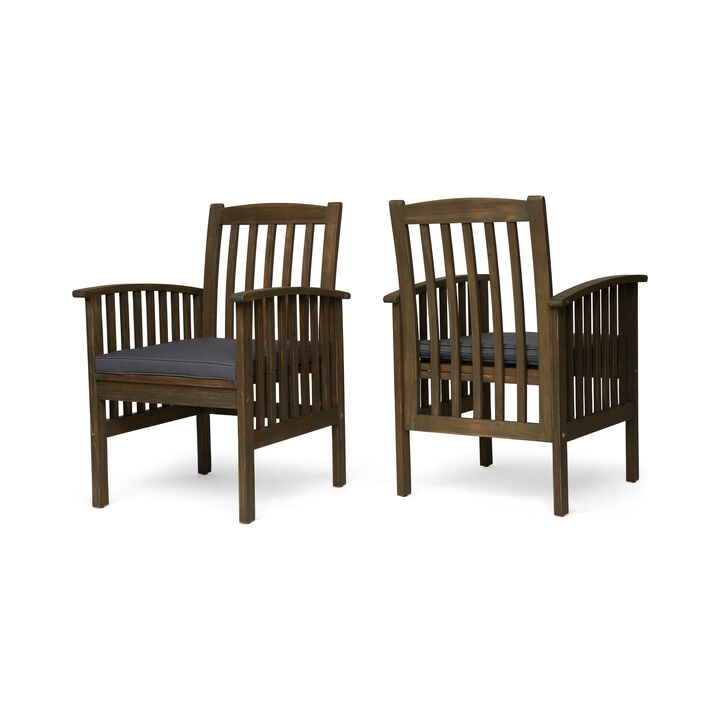 Gerry Dining Chair, Slatted Back Outdoor Natural Brown Wood, Dark Gray - Benzara