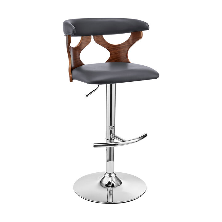 Ruth Adjustable Swivel Grey Faux Leather and Walnut Wood Stool with Chrome Base