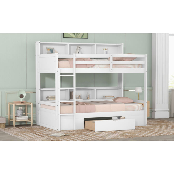 Twin Size Bunk Bed With Built-In Shelves Beside Both Upper And Down Bed And Storage Drawer