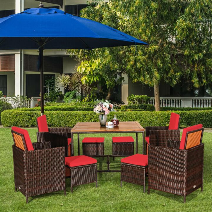 Hivvago 9 Pieces Patio Rattan Dining Cushioned Chairs Set-Red
