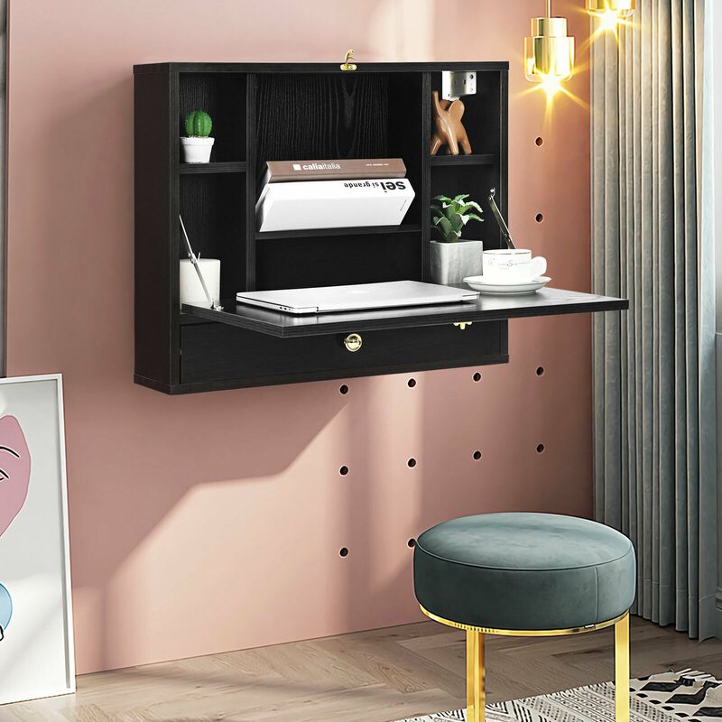 Wall Mounted Folding Laptop Desk Hideaway Storage with Drawer