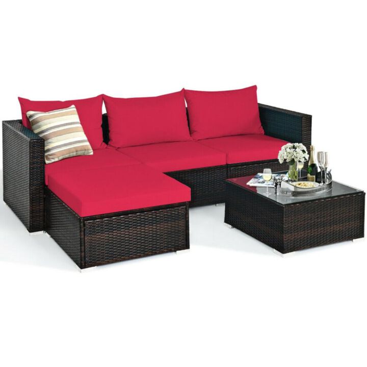 Hivvago 5 Pieces Patio Rattan Sectional Furniture Set with Cushions and Coffee Table