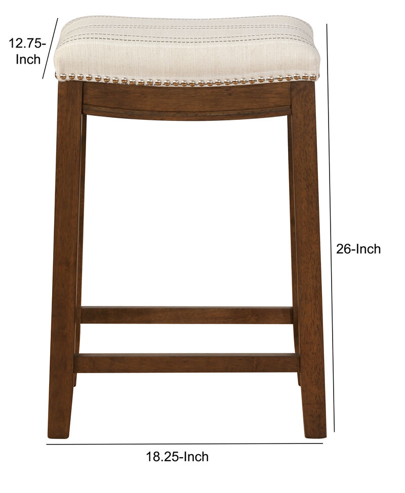 Wooden Counter Stool with Nailhead Trim Accent, Brown and Beige - Benzara