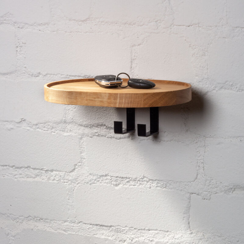 Wall-Mounted Modern Oak Hardwood Coat Rack with a Shelf and Two Metal Hooks