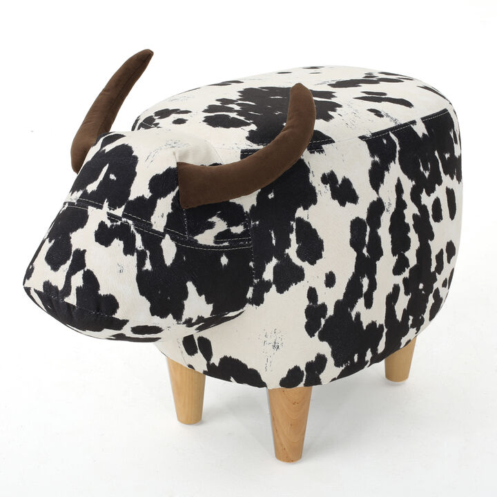Massy Cow Kids Ottoman 25 Inches, Black, White Velvet, Light Brown Horn - Benzara