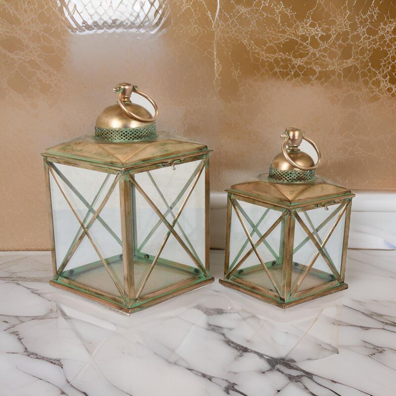 20 Inch Decorative Lantern Set of 2, Glass Panel, Cross Metal Frame, Gold - Benzara