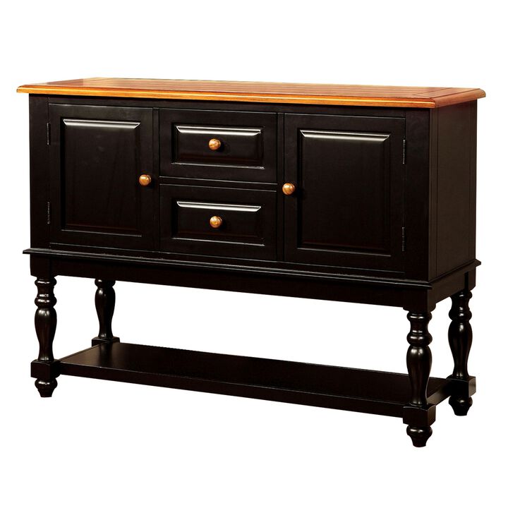 Fritz 52 Inch Server, 2 Cabinets, 2 Drawers, Black, Oak Brown, Turned Legs - Benzara