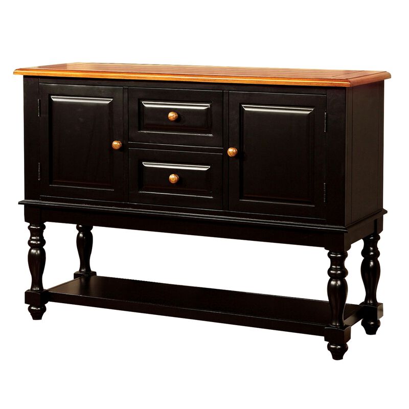 Fritz 52 Inch Server, 2 Cabinets, 2 Drawers, Black, Oak Brown, Turned Legs - Benzara