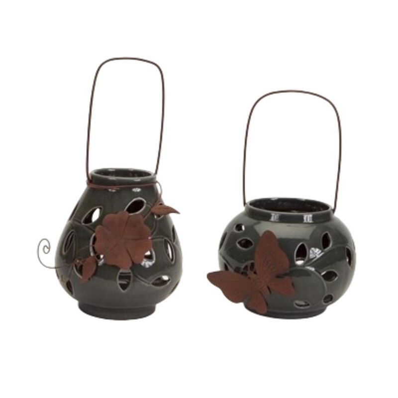 Hivvago Leaf Pattern Lanterns (Set of 2) 6.25", 7.75"H Ceramic