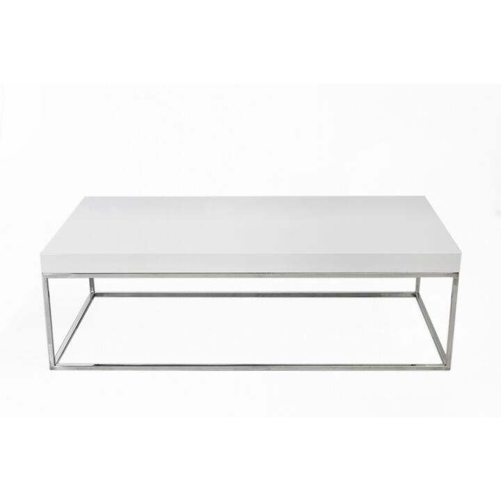 Zen 48 Inch Coffee Table, Rectangular White Lacquer Top, Chrome Steel Frame - Benzara