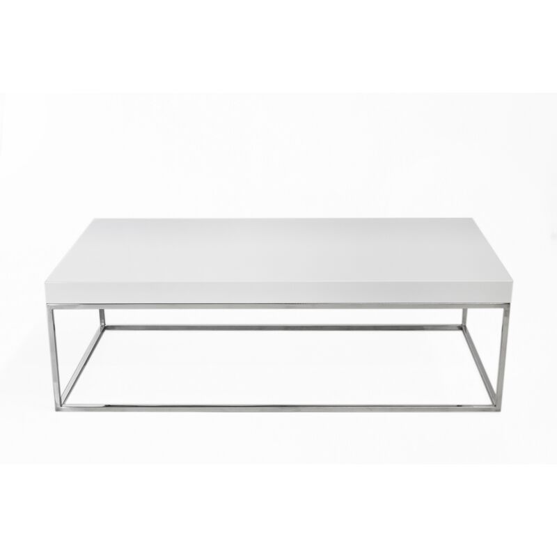 Zen 48 Inch Coffee Table, Rectangular White Lacquer Top, Chrome Steel Frame - Benzara