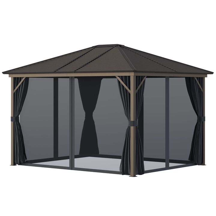 Dark Grey Outdoor Haven: 10'x12' Aluminum Hardtop Gazebo with Curtains