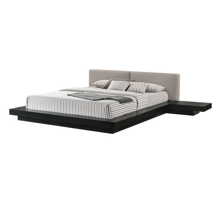 Nia King Platform Bed, Gray Faux Leather Upholstery, Black Nightstands - Benzara