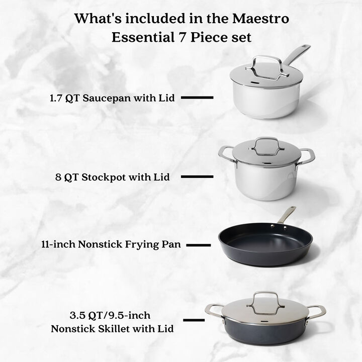 Alva Maestro Essentials 7 Pieces Cookware Set, Pots and Pans Set, Nonstick Frying Pan, Stock Pot with Lid, Saucepan & Saute Pan with Lid, Non Toxic PFAS PFOA & PTFE Free, Compatible with all Stovetops