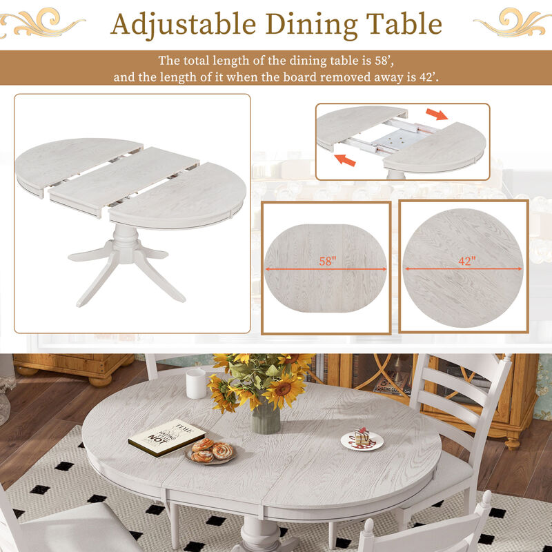 5-Piece Retro Functional Dining Table Set Wood Round Extendable Dining Table And 4