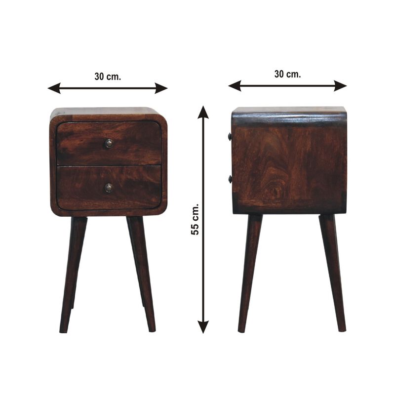 Mini Light Walnut  Solid Wood 2 Drawers Curved NightStand