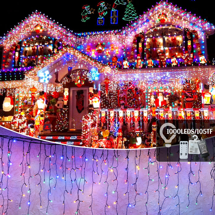 105ft LED Outdoor Christmas Lights with 1000 Bulbs, 50 Drops, 8 Modes, Waterproof, Timer & Memory Function