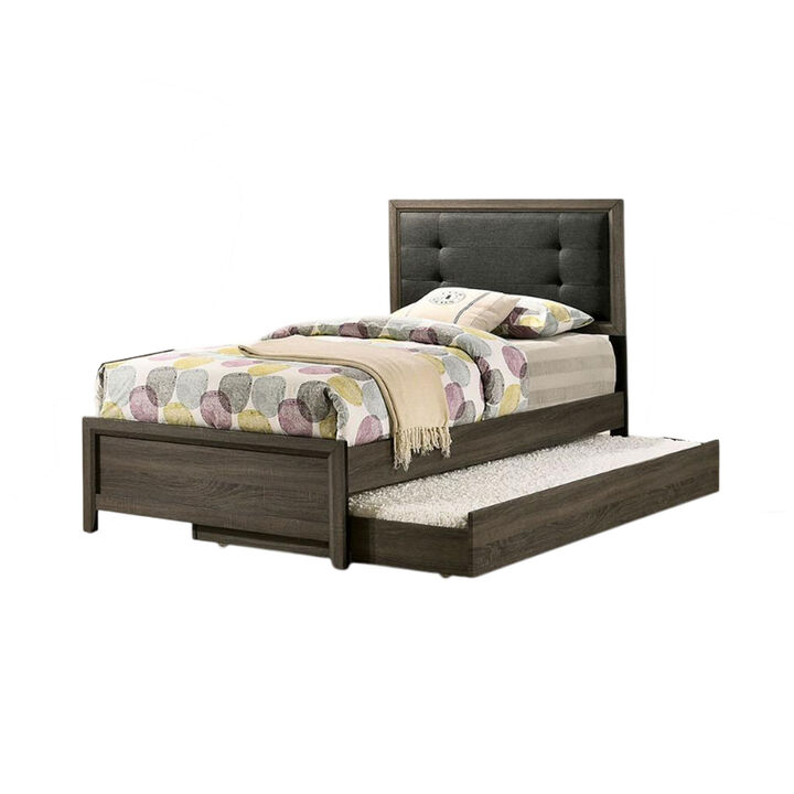 Meli Full Size Bed, Tufted Fabric Upholstery, Dark Gray Solid Wood - Benzara