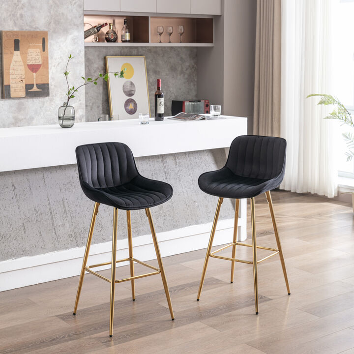 30 inch Set of 2 Bar Stools, with Chrome Footrest Velvet Fabric Counter Stool Golden Leg Simple High Bar Stool