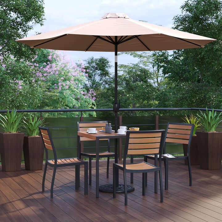 Flash Furniture 7 Piece Patio Table Set - 4 Synthetic Stackable Faux Teak Chairs - 35" Square Faux Teak Table - Tan Umbrella with Base