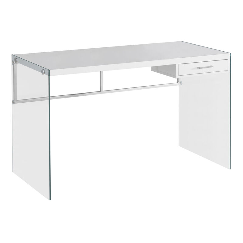 Monarch Specialties I 7209 Computer Desk, Home Office, Laptop, Storage Drawers, 48"L, Work, Tempered Glass, Laminate, Glossy White, Clear, Contemporary, Modern