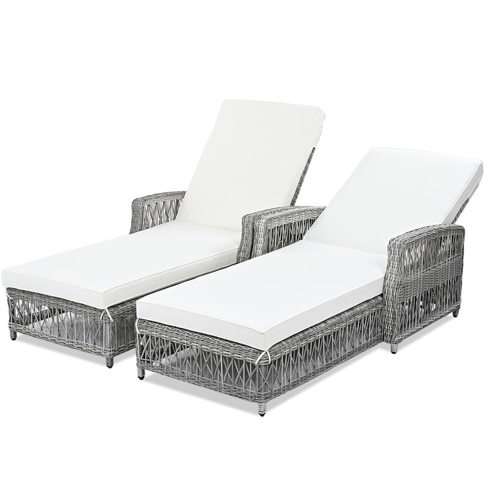 Whisen 2 Pieces Outdoor Wicker Long Reclining Chaise with Armrests, Patio Adjustable Recliner with Soft Removable Cushions