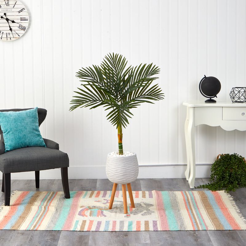 Hivvago 4.5 Feet Golden Cane Artificial Palm Tree in White Planter with Stand