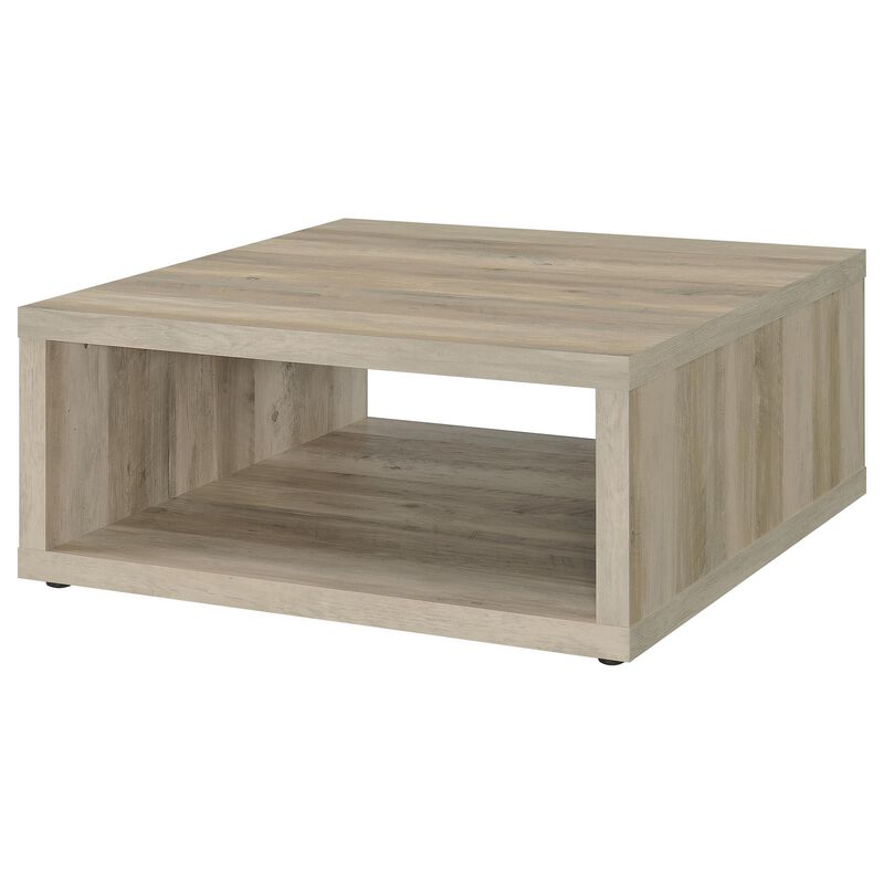 Rizz Coffee Table, Square Cube Design Open Shelf, 36 Inch Light Brown - Benzara