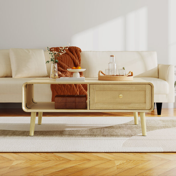 FUFU&GAGA Mid-Century Coffee Table with Storage, Wooden Center Table with Drawer & Open Shelf, (39.4" W x 17.9" H x 23.6" D), Natural Oak