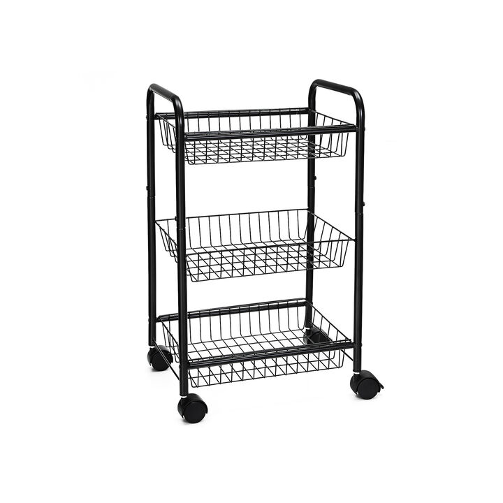 Rolling 3-Tier Metal Cart with Baskets and Lockable Wheels