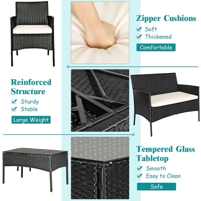 4 Pieces Patio Rattan Cushioned Conversation Sets with Tempered Glass Coffee Table