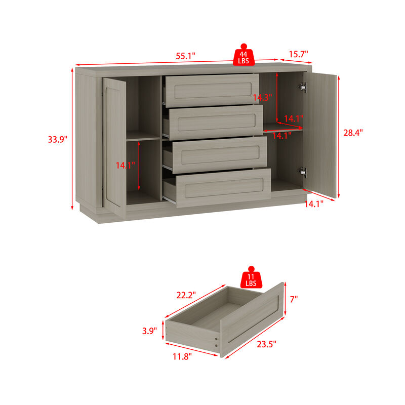 FUFU&GAGA Natural Wood Storage Cabinet with 4 Drawers and 2 Doors, MDF & Rubberwood Construction (55.1" W x 33.9" H x 15.7" D), Grey