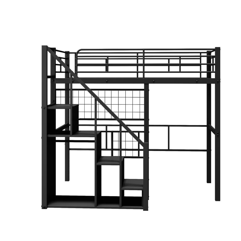 Merax Metal Loft Bed with Storage Staircase and Small Wardrobe
