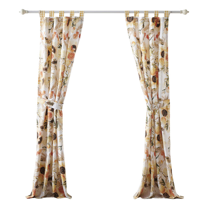 Kelsa Set of 2 Panel Curtains with Watercolor Sunflowers, Ruffled, Gold - Benzara